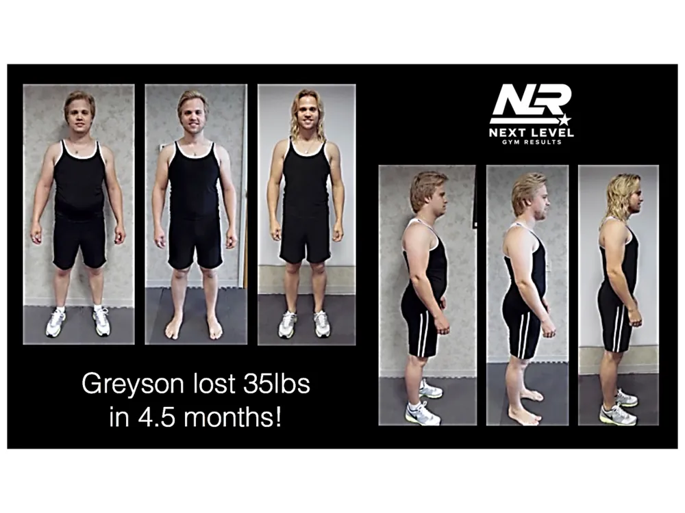 Greyson before and after at Next Level Gym Results: 35 lbs lost