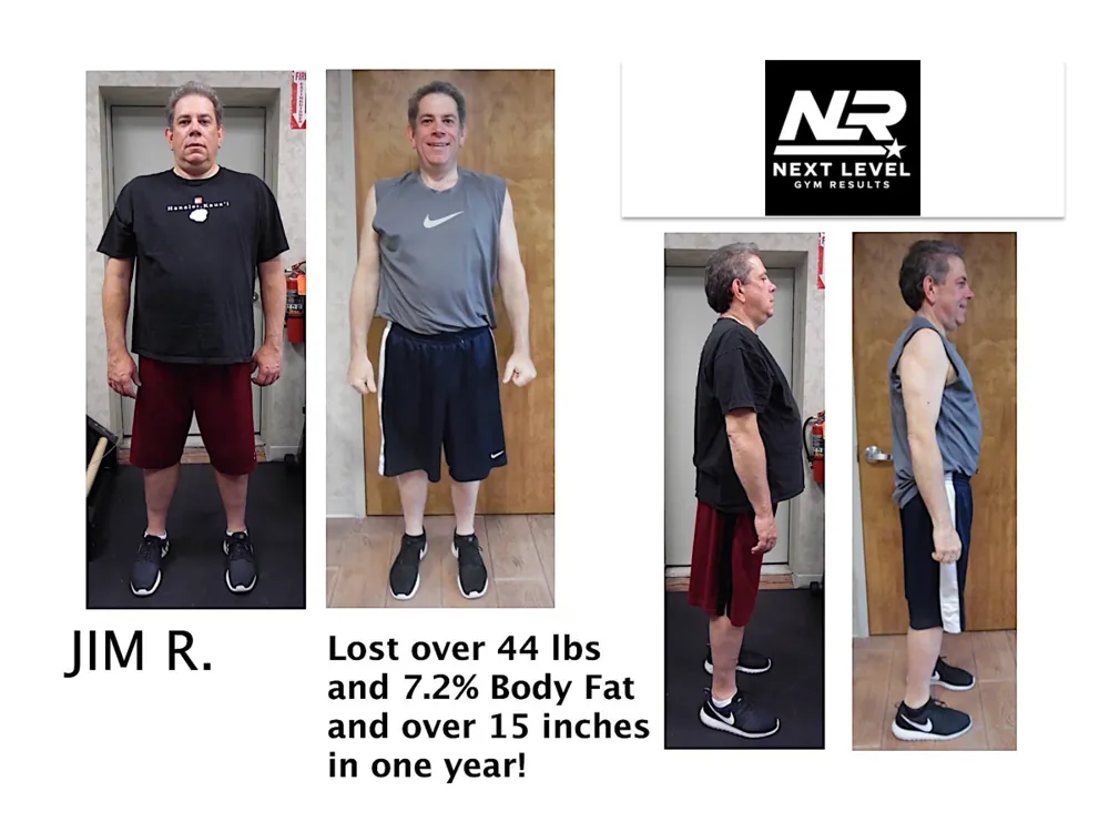 Jim R. before and after at Next Level Gym Results: Over 44 lbs lost in one year